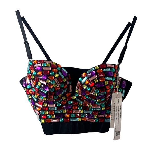 Charmian Women Spaghetti Straps Rhinestone Beaded Clubwear Bustier Crop Top Bra - Picture 1 of 8